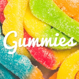 A picture of the word "Gummies" with gummy worms in the background.