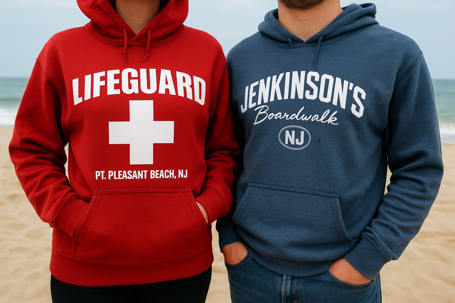 Two people wearing a red "Lifeguard" hoodie and a blue "Jenkinson's Boardwalk" hoodie standing on a sandy beach.