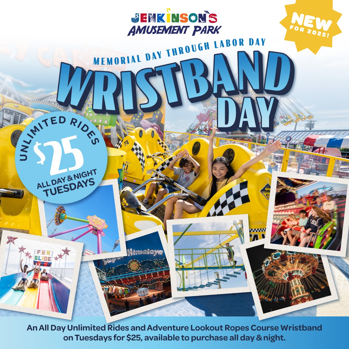 Kids smiling on an amusement park ride at Jenkinson’s Boardwalk during daytime with colorful attractions in the background.