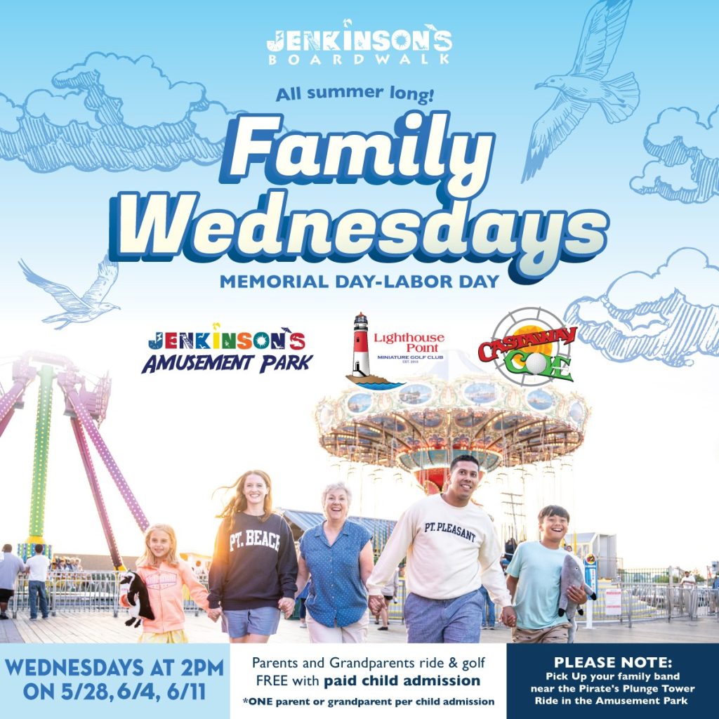 Family Wednesdays Jenkinson's Boardwalk Point Pleasant Beach parents grandparents ride golf free with paid child admission