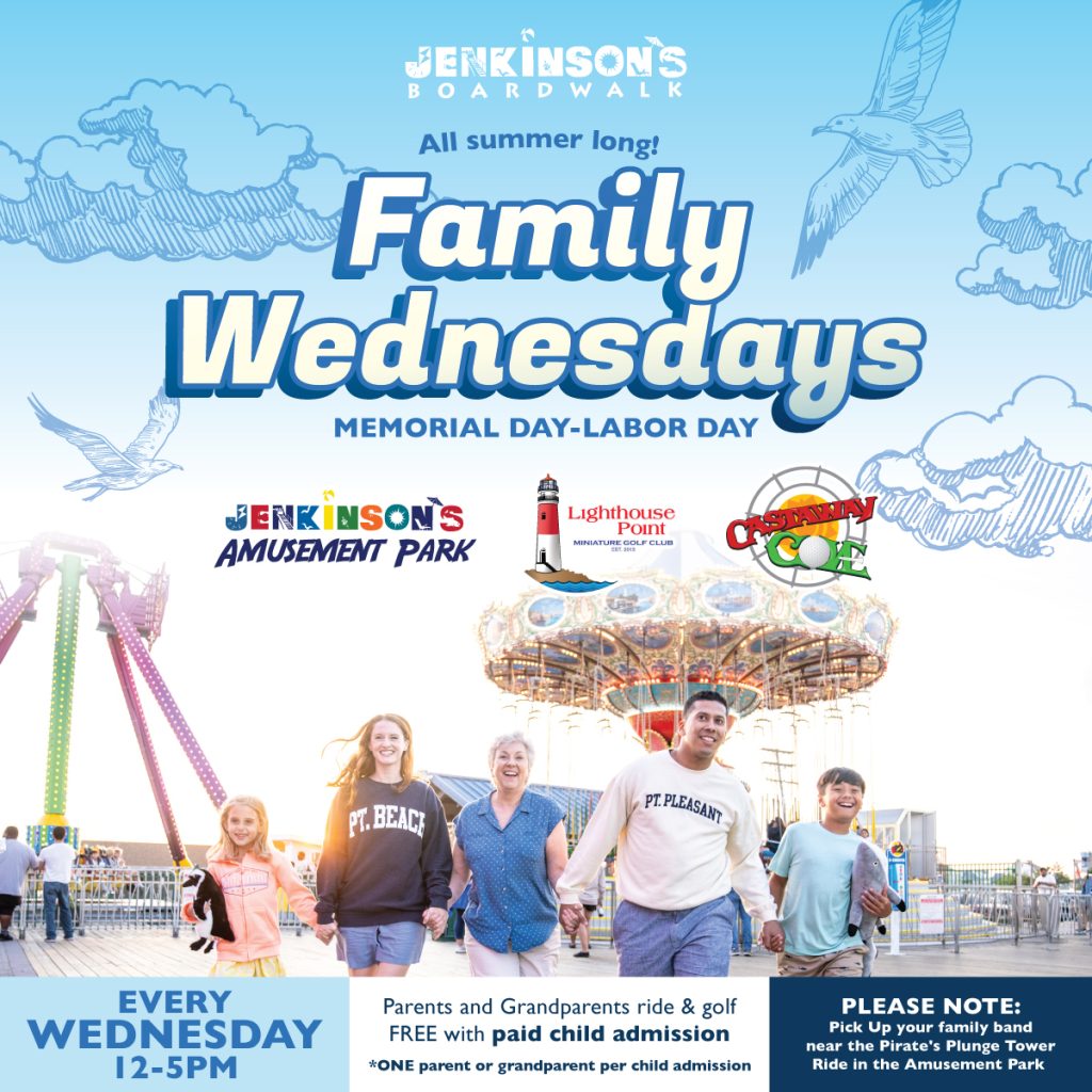 Family Wednesdays Jenkinson's Boardwalk Point Pleasant Beach parents grandparents ride golf free with paid child admission