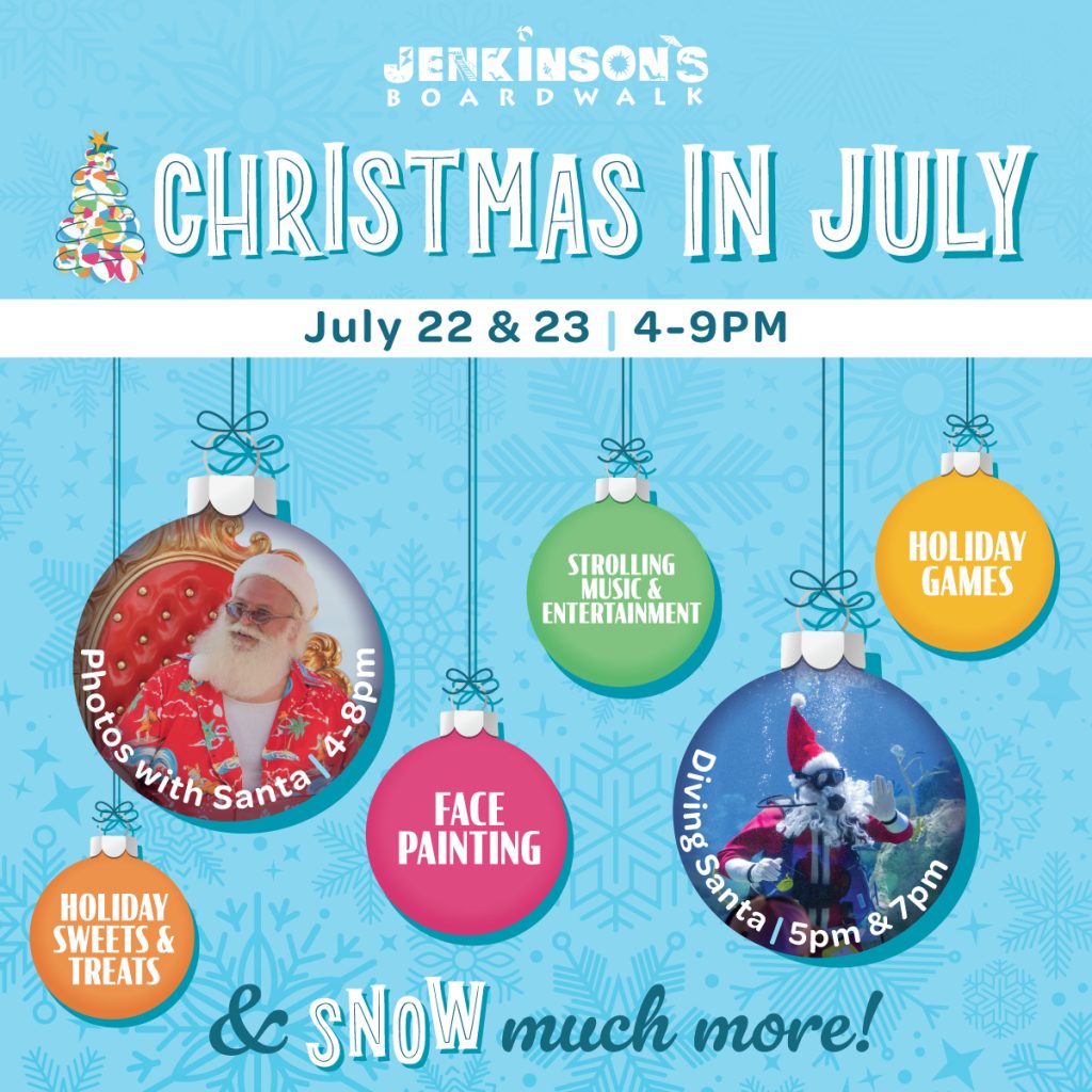See Santa during Christmas in July at Jenkinsons Boardwalk Point Pleasant Beach New Jersey July 22nd & 23rd from 4-9pm