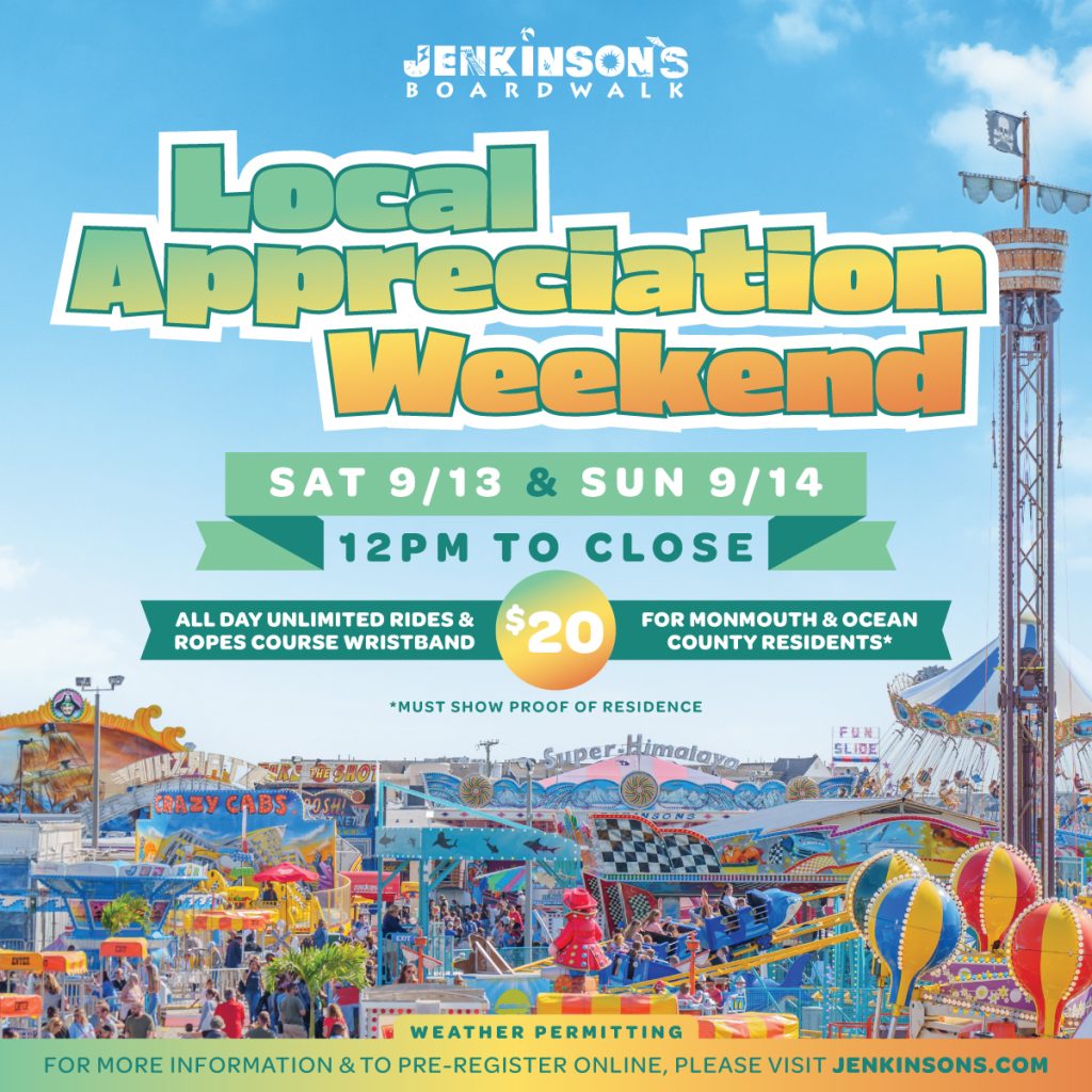 A promotion for Jenkinson's Boardwalk's Local Appreciation Weekend on 9/13 and 9/14.