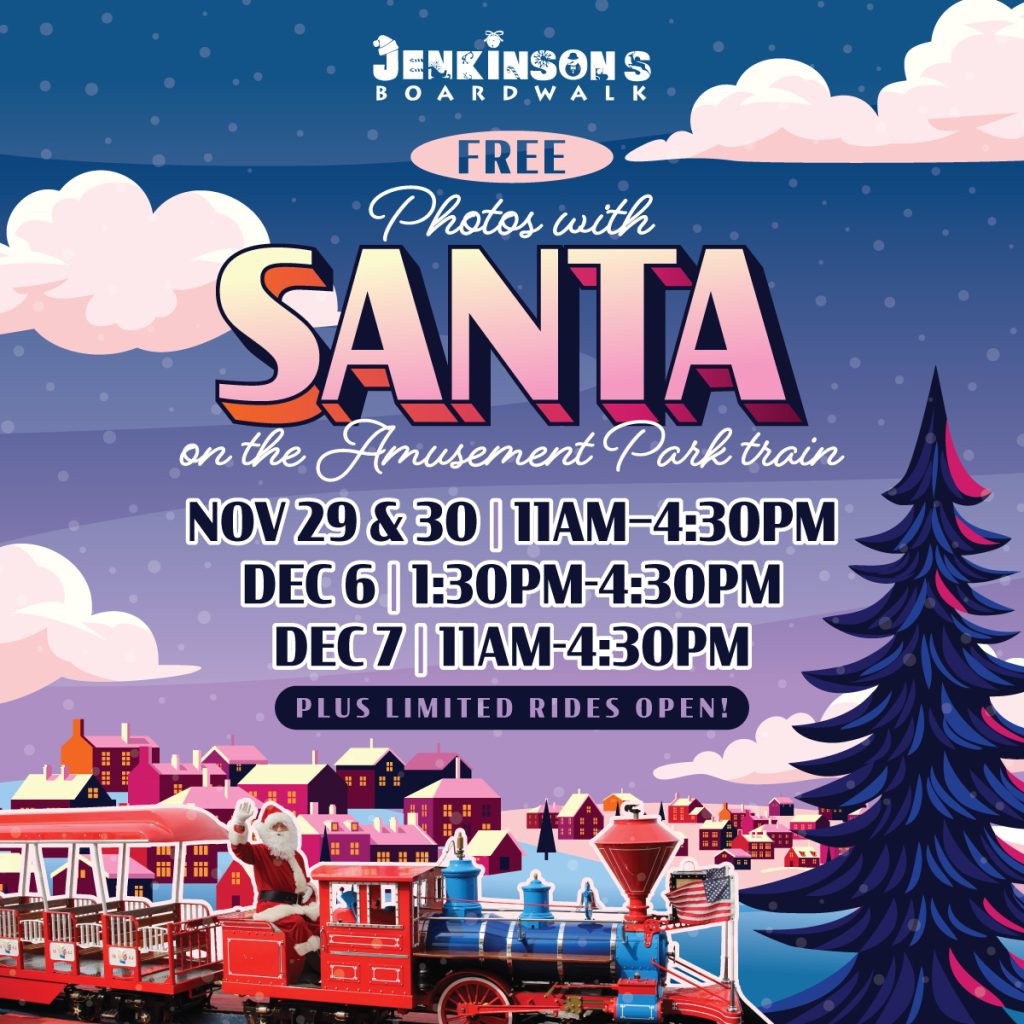 Graphic promoting free Photos with Santa on the Jenkinson’s Boardwalk amusement park train with event dates and times.