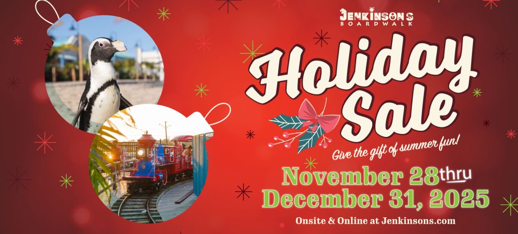 Jenkinson’s Boardwalk Holiday Sale graphic with penguin and train ornament images, promoting the sale from November 28 through December 31, 2025.