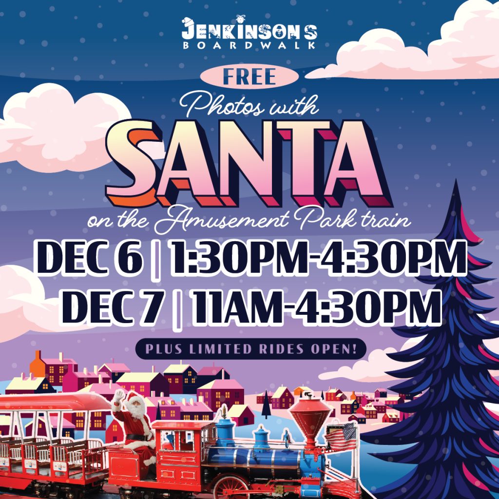 Graphic promoting free Photos with Santa on the Jenkinson’s Boardwalk amusement park train with dates December 6 and December 7.