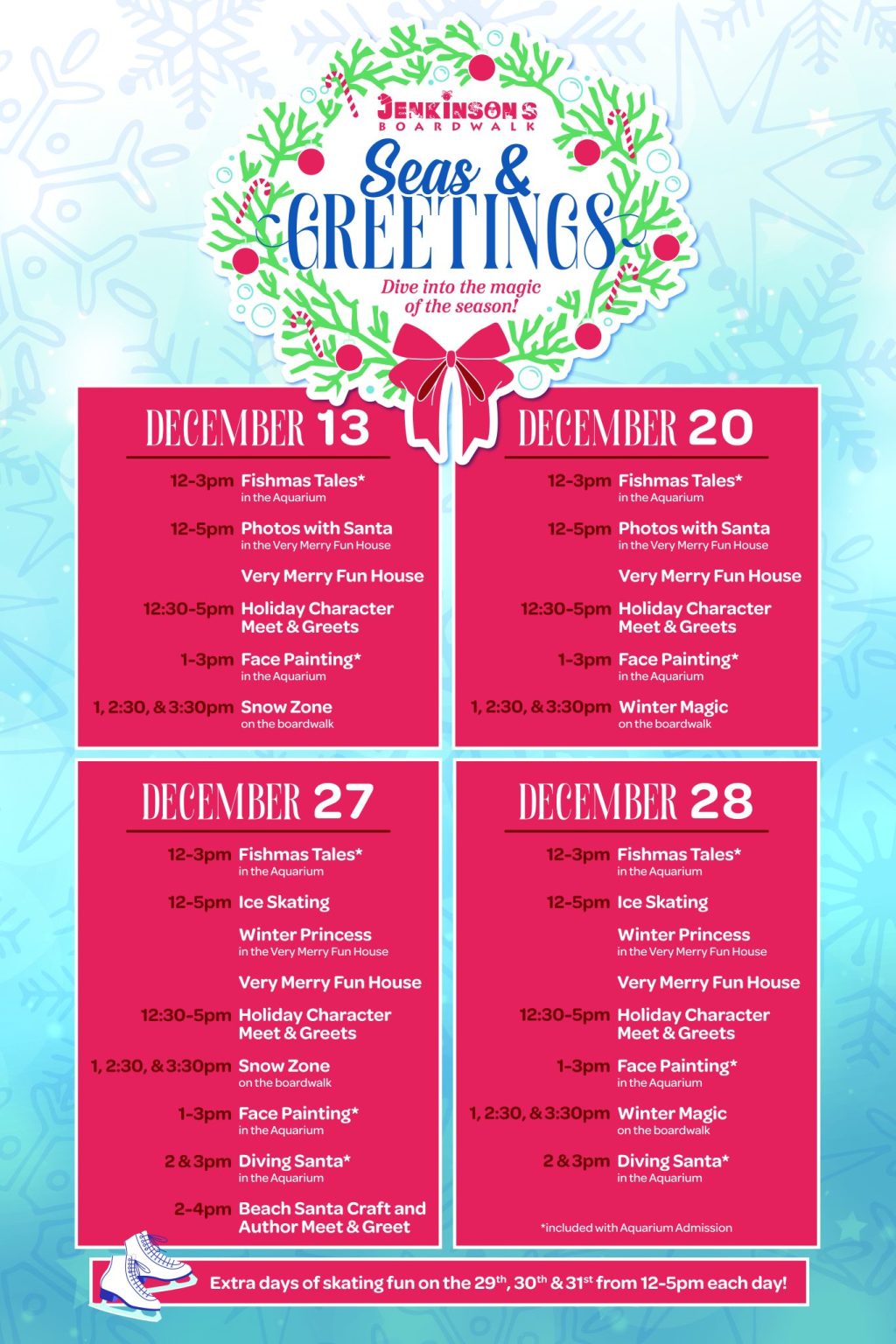 jenkinsons boardwalk holiday event seas & greeting on december 13, 20, 27 & 28 from 12-5pm