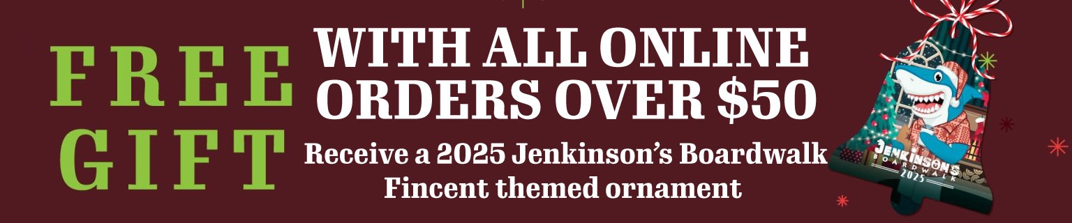 Graphic promoting a free 2025 Jenkinson’s Boardwalk Fincent ornament with online orders over $50.