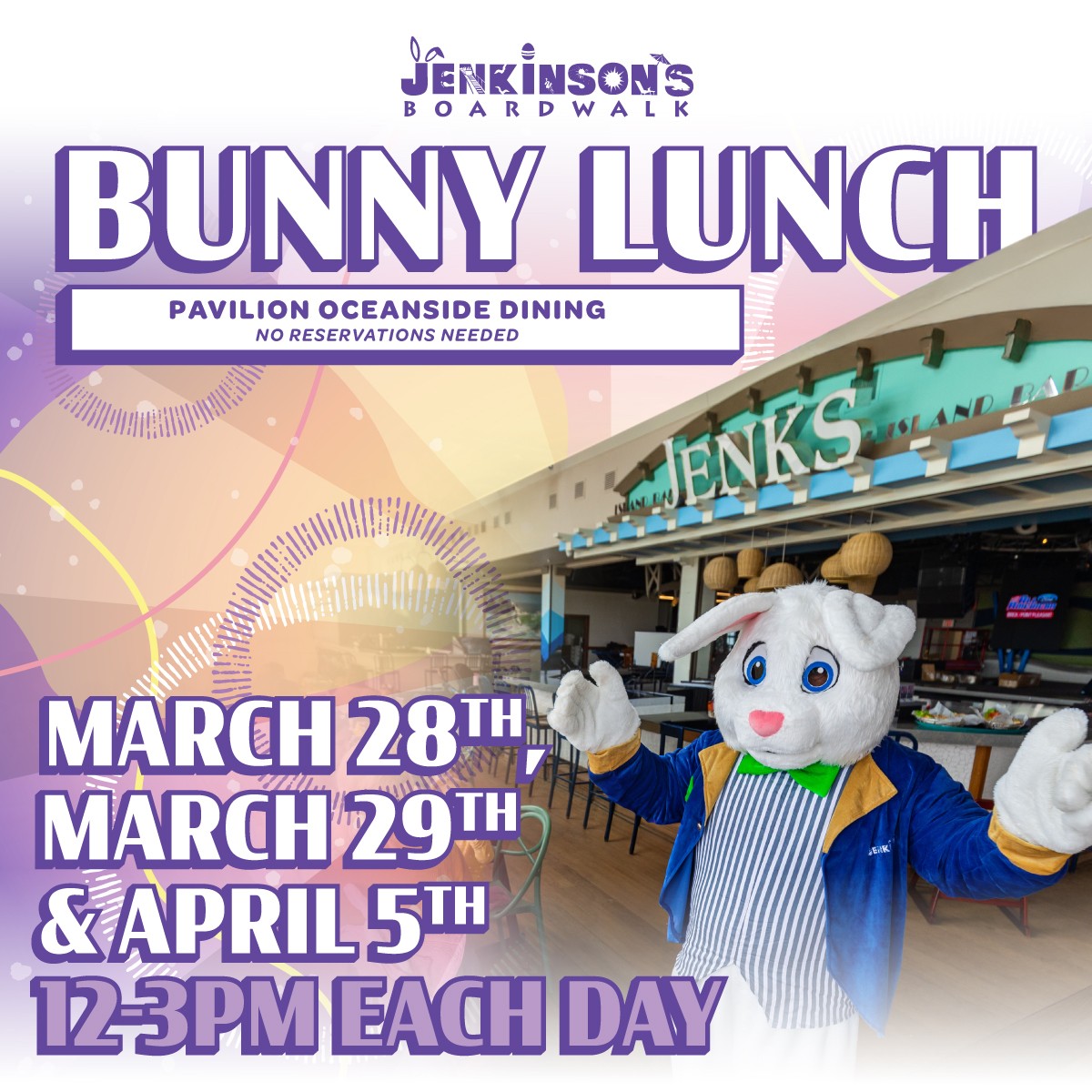 Jenkinson’s Boardwalk Bunny Lunch at Pavilion Oceanside Dining on March 28, March 29, and April 5 from 12–3pm.