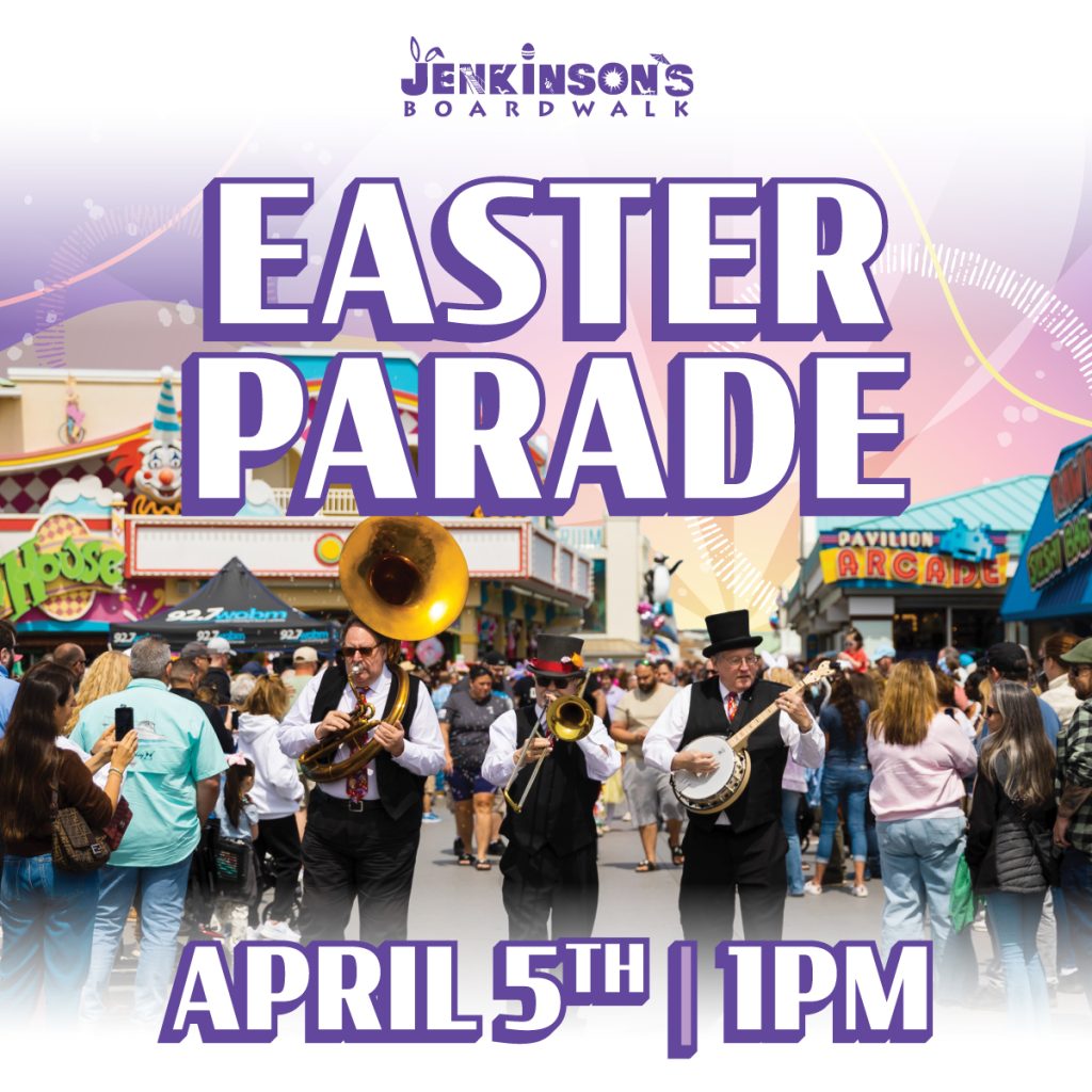 Promotional graphic for the Jenkinson’s Boardwalk Easter Parade featuring a marching band on the boardwalk, scheduled for April 5 at 1pm.