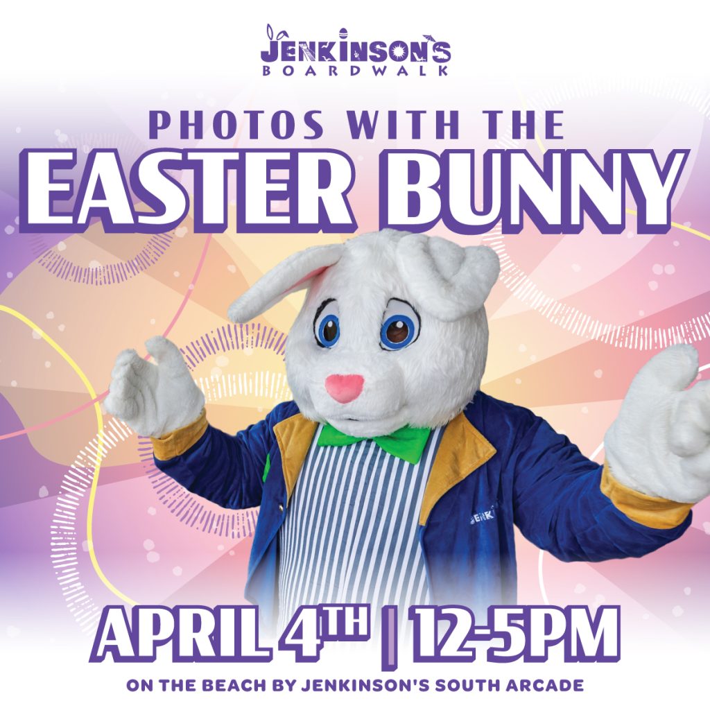 Photos with the Easter Bunny at Jenkinson’s Boardwalk on April 4 from 12–5pm on the beach by the South Arcade.