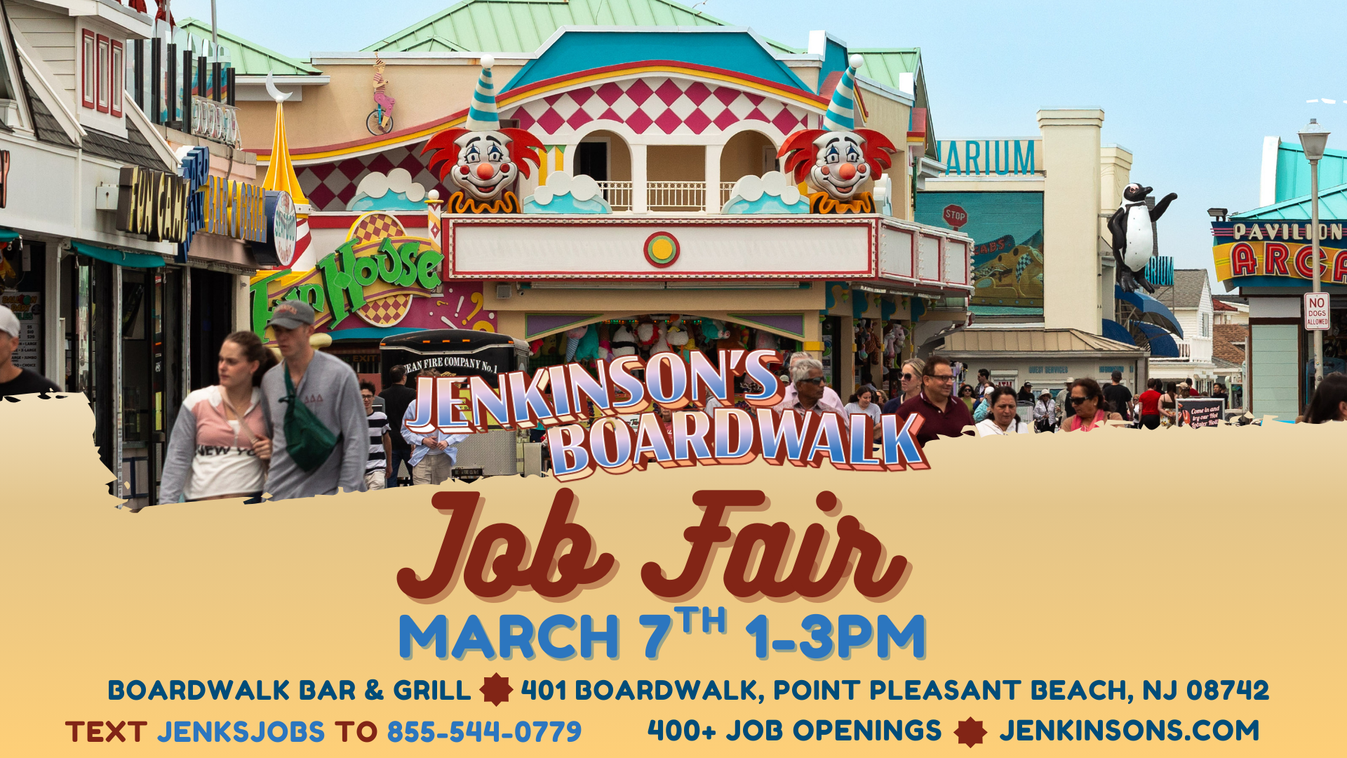 Crowds walk along Jenkinson’s Boardwalk with a colorful Job Fair announcement for March 7 displayed over the scene.