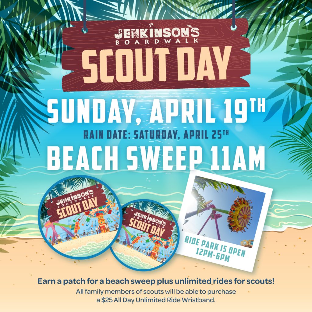 Jenkinson’s Boardwalk Scout Day graphic with beach theme, April 19, beach sweep at 11am, and ride park open 12pm–6pm.