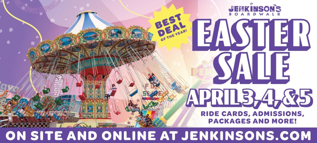 Jenkinson’s Boardwalk Easter Sale graphic with swing ride and April 3–5 dates