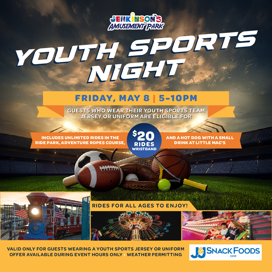 Youth Sports Night graphic for Jenkinson’s Amusement Park featuring a stadium background, sports equipment on the field, and event details for Friday, May 8 from 5–10pm with a $20 rides wristband offer for guests wearing a youth sports jersey.