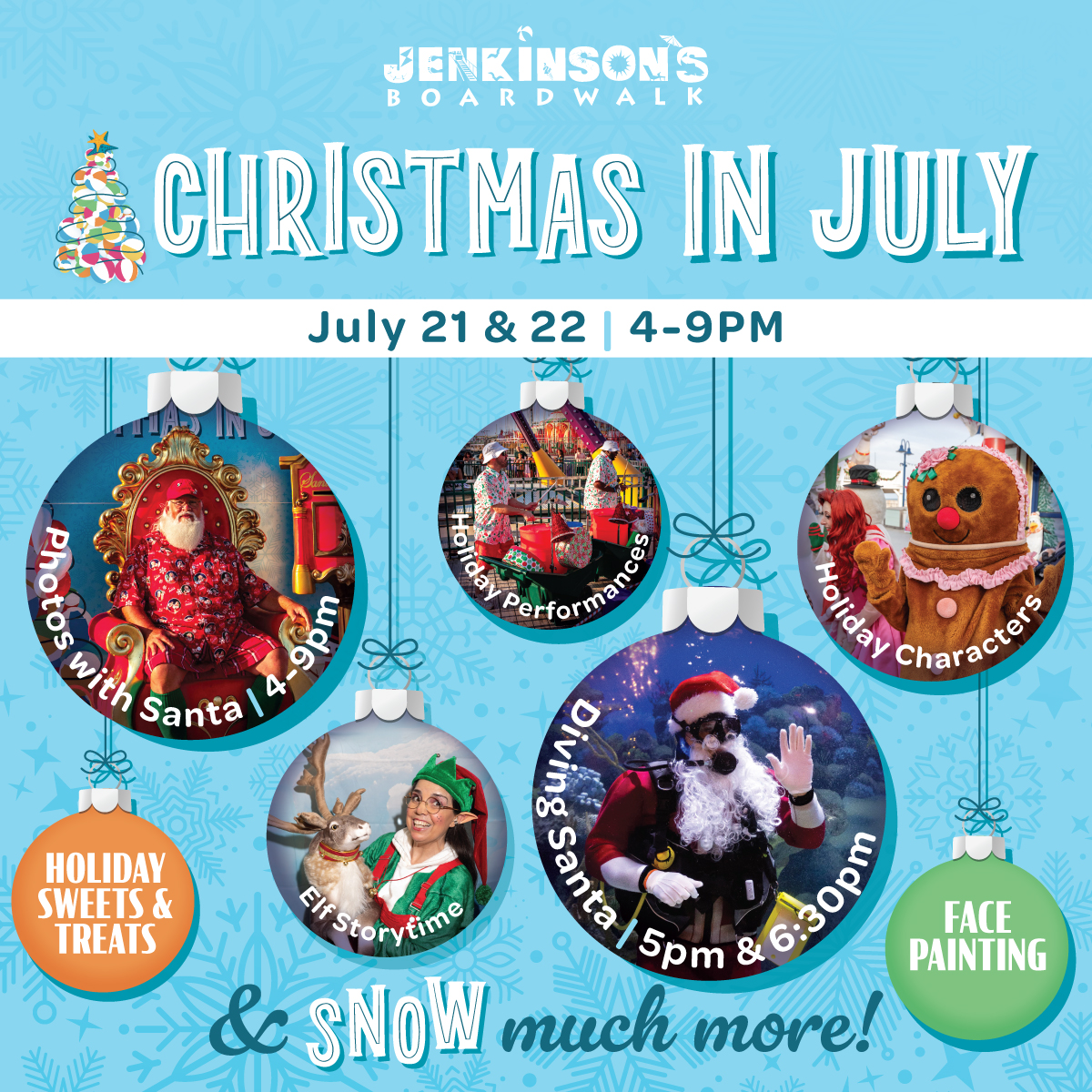 christmas in july at jenkinsons boardwalk july 21 & 22 from 4-9pm