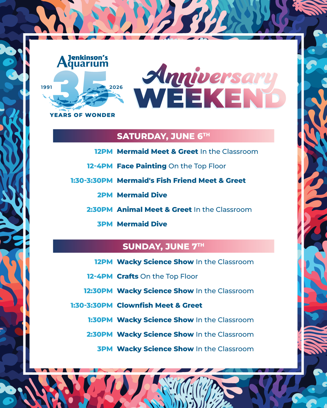 jenkinson's aquarium 35th anniversary weekend june 6th and 7th