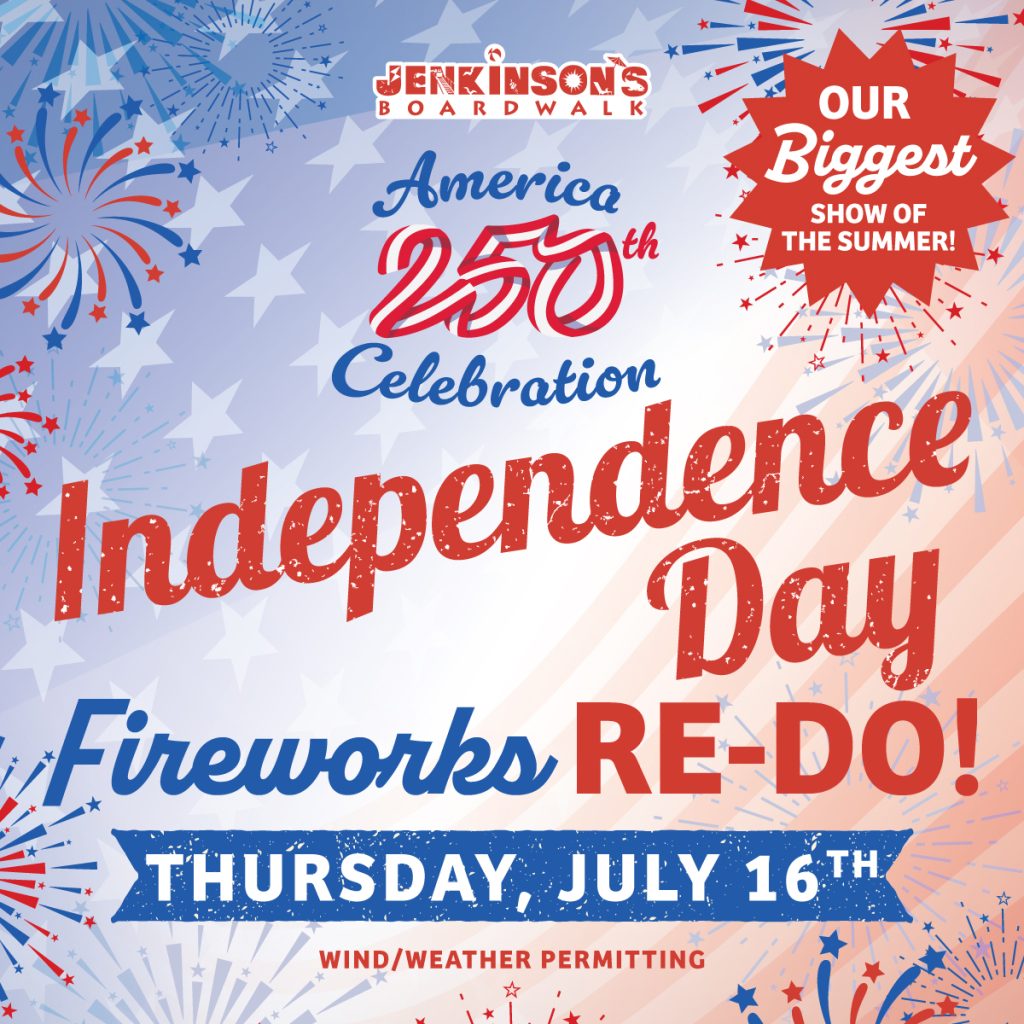 America 250 Independence Day fireworks celebration at Jenkinson’s Boardwalk in Point Pleasant Beach, NJ featuring a special summer fireworks show.