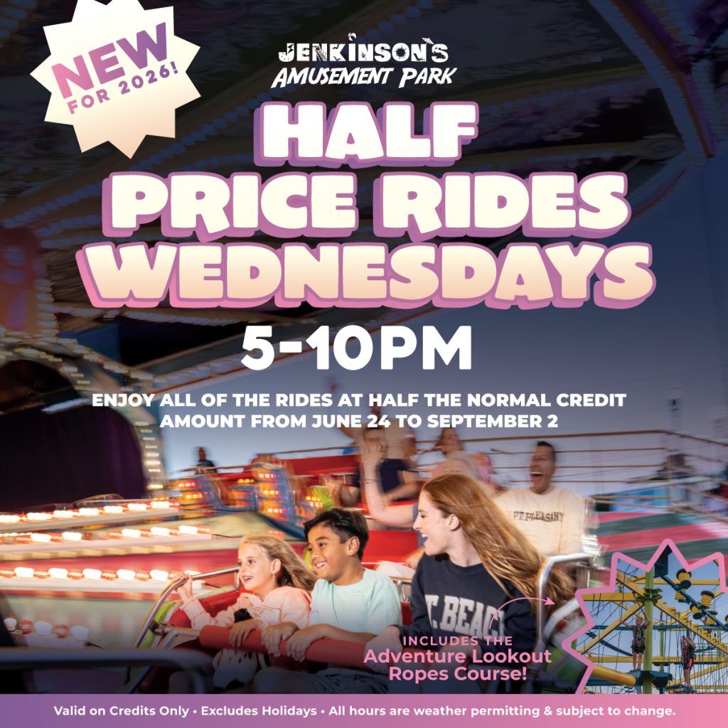 Family enjoying amusement park rides during Half Price Rides Wednesdays at Jenkinson’s