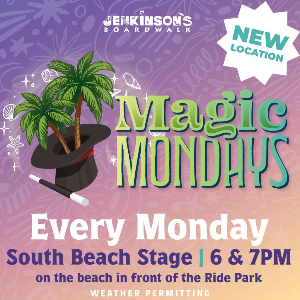 Magic Mondays event graphic with magic hat and palm trees at Jenkinson’s Boardwalk