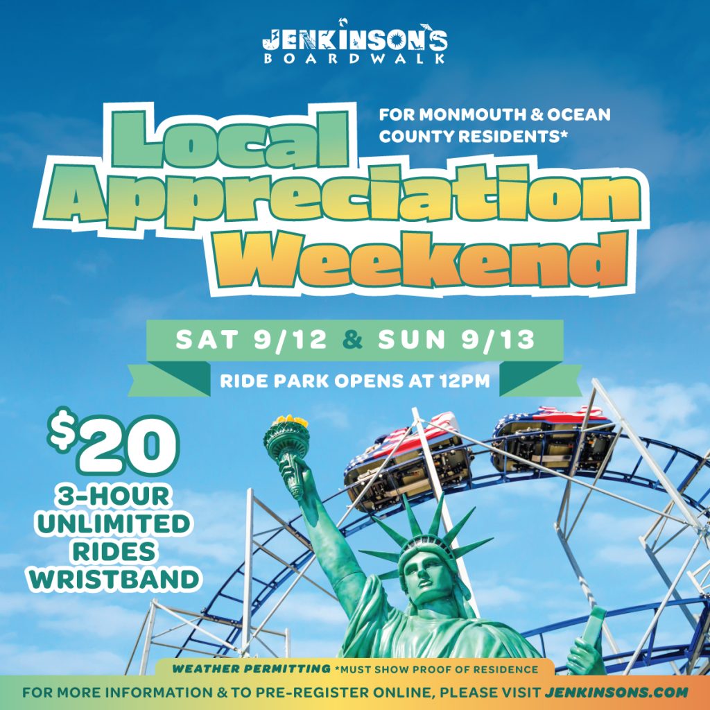 Promotional graphic advertising Jenkinson's Boardwalk Local Appreciation Weekend with discounted ride wristbands for Monmouth and Ocean County residents.